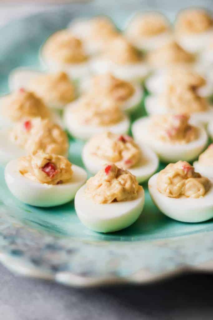 aqua tray of pimento cheese deviled eggs