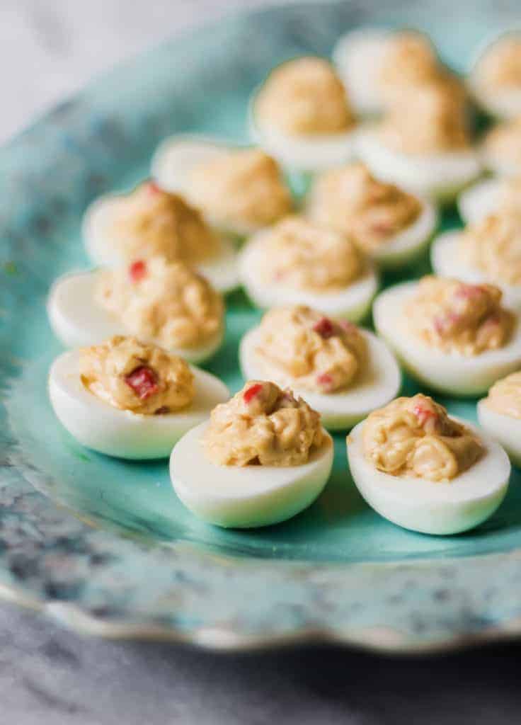 aqua tray of southern deviled eggs