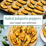 Baked jalapeño poppers on a baking sheet and a wooden board, featuring the text EASY GAME-DAY APPETIZER and the Off the Eaten Path logo.