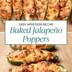 Six baked jalapeno poppers stuffed with cheese and sausage on a wooden board, with text overlay: “Easy Appetizer Recipe: Baked Jalapeño Poppers.” Logo “Off the Eaten Path” at the bottom. Perfect for any jalapeno poppers fan!.