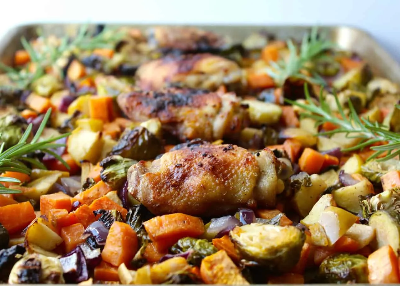 sheet pan chicken brussels sprouts and sweet potatoes