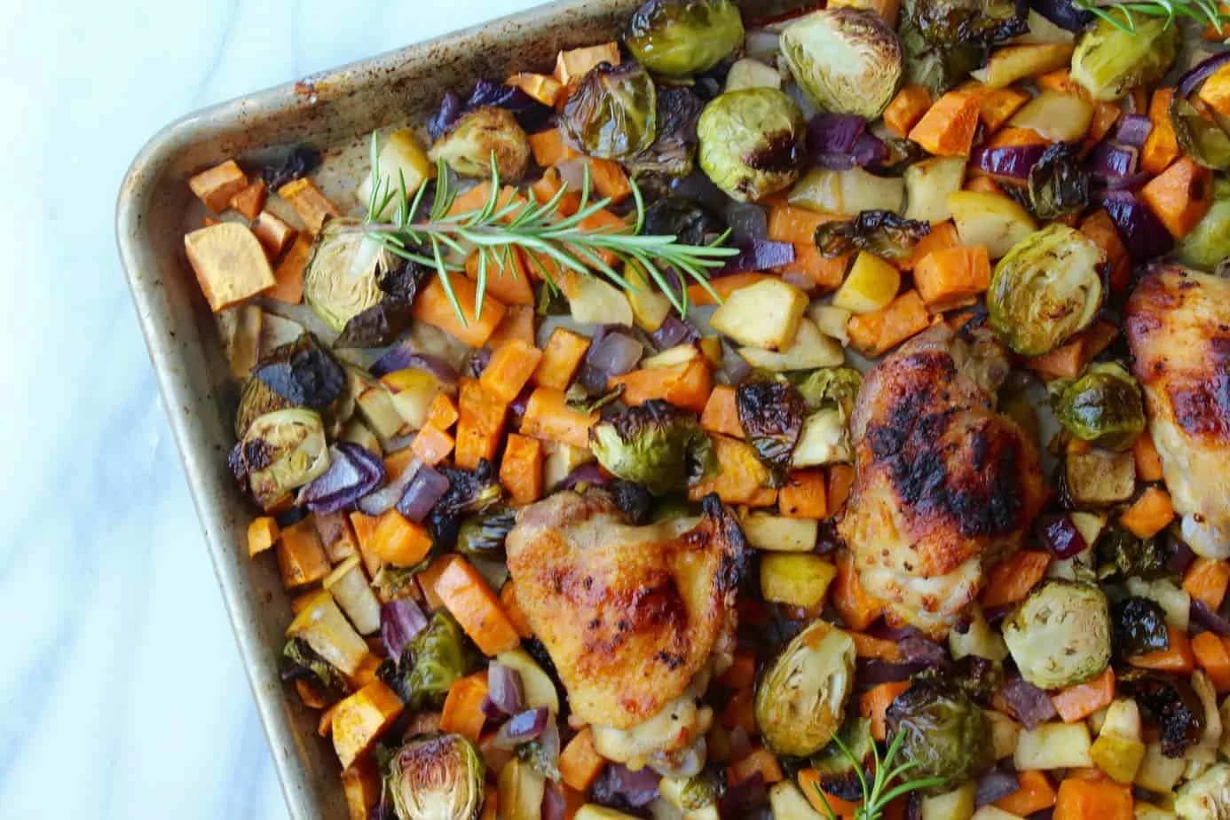 sheet pan chicken with brussels sprouts, sweet potatoes and apples