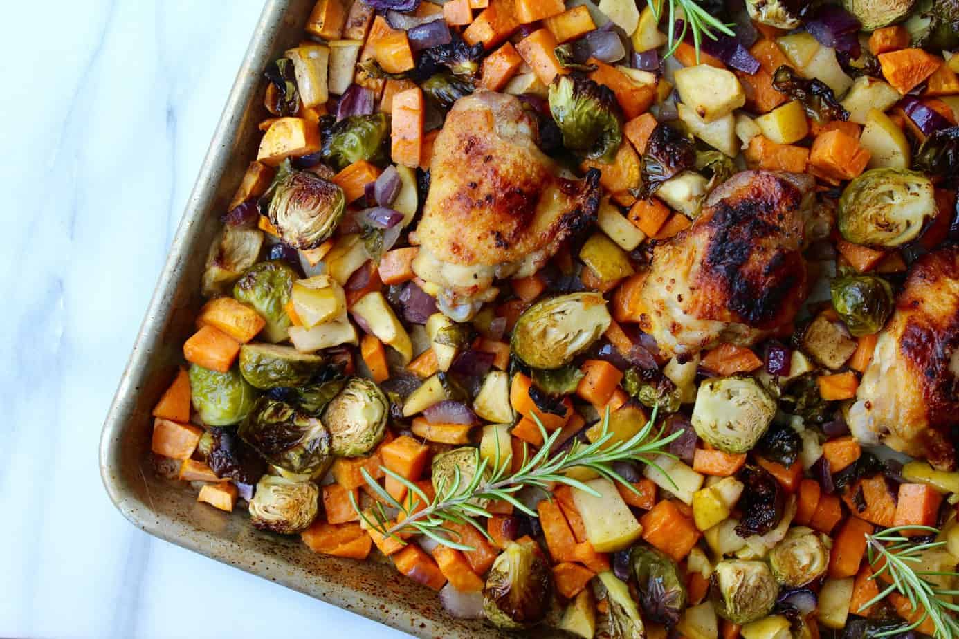 sheet pan chicken with brussels sprouts, sweet potatoes and apples