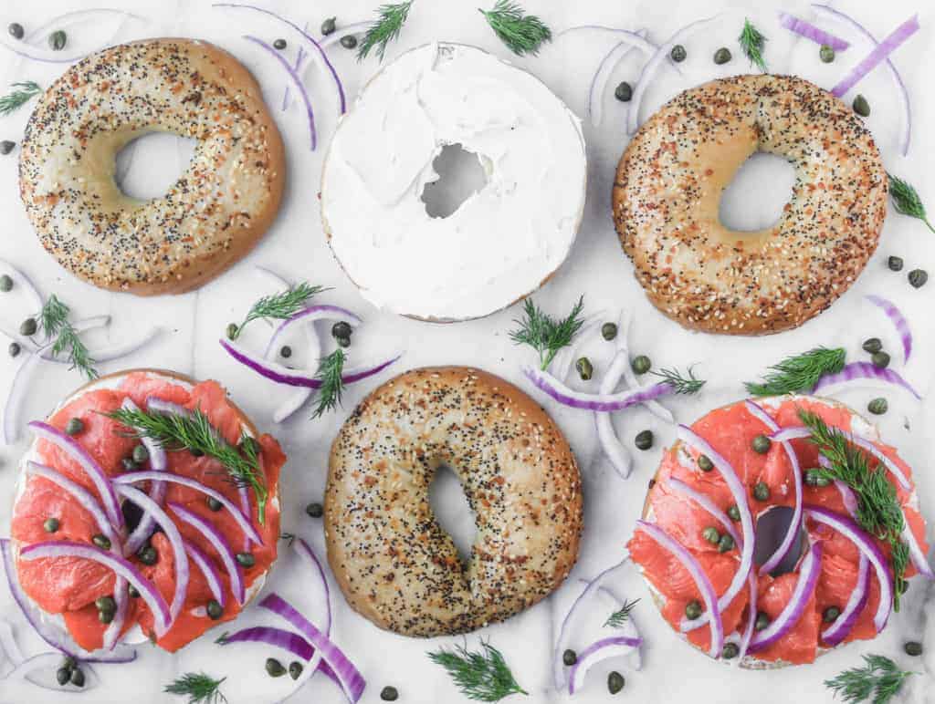 bagels all the way bagels with lox, cream cheese, capers, onions