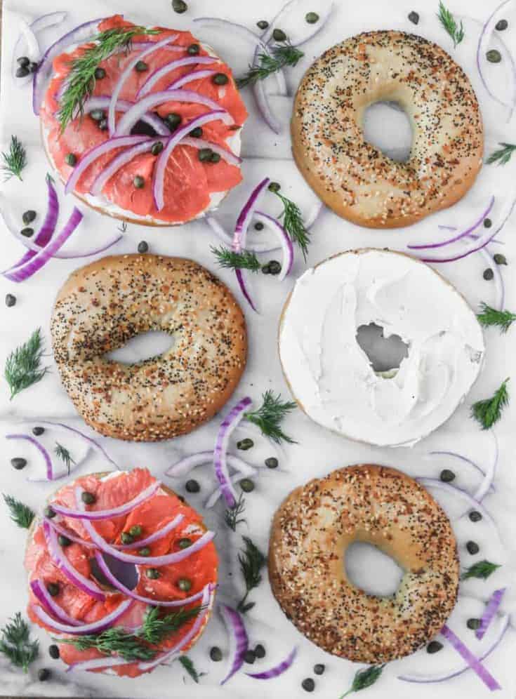bagels all the way bagels with lox, cream cheese, capers, onions