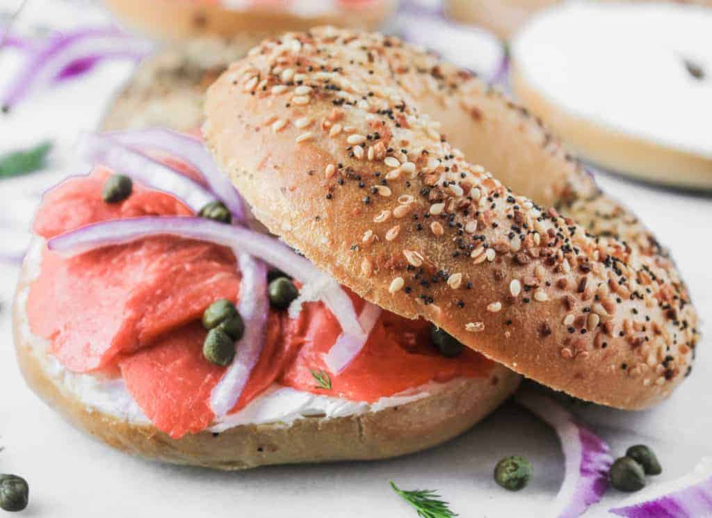 bagels all the way bagels with lox, cream cheese, capers, onions