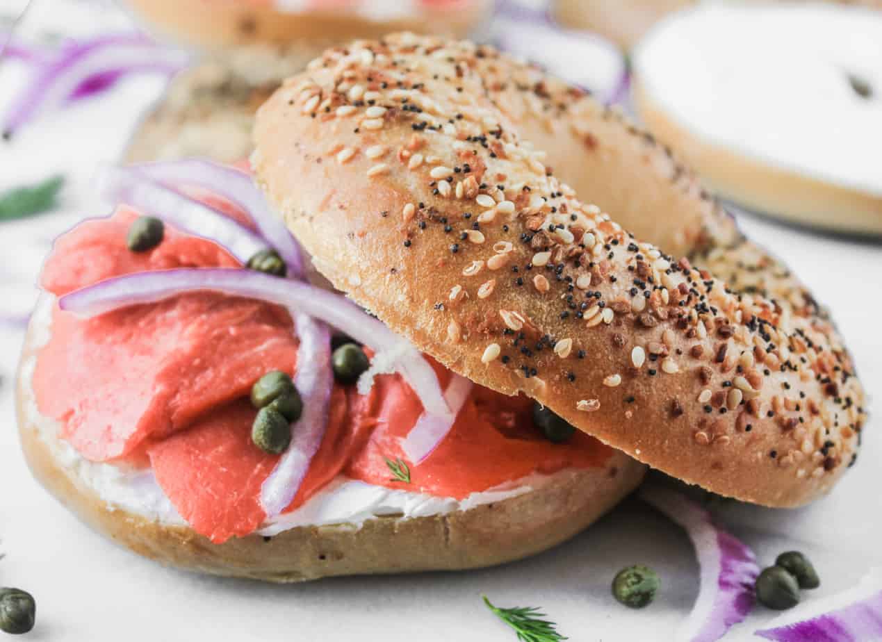 bagels all the way bagels with lox, cream cheese, capers, onions, tomatoes and dill off the