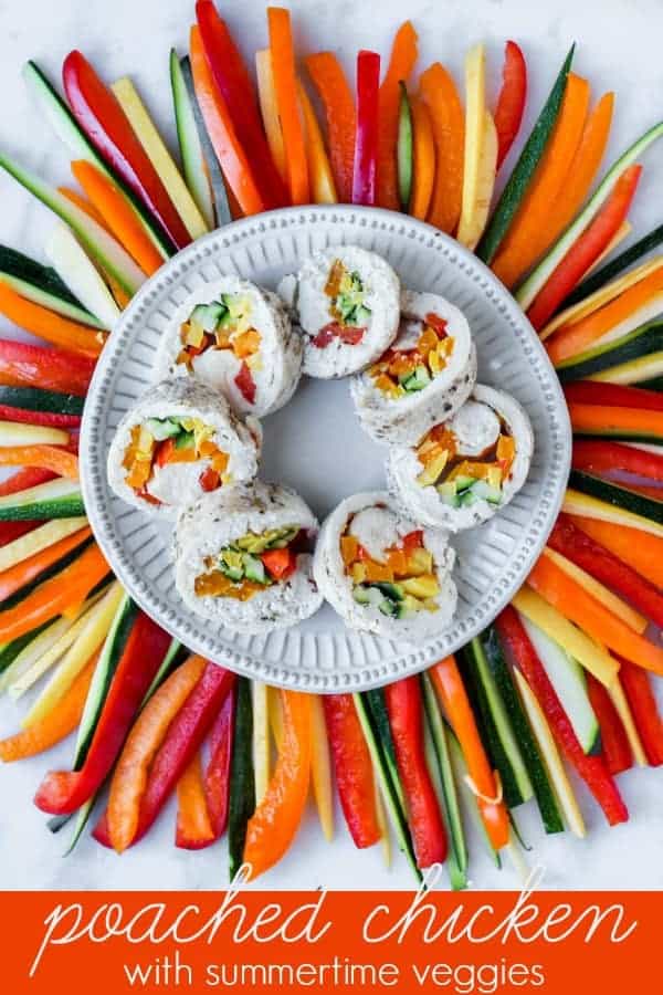 poached chicken roll ups are an easy recipe that should be on repeat for family dinners, easy weeknight meals, or quick appetizers for your next party. stuff the chicken with seasonal vegetables and serve over cous cous for a healthy meal or slice for a beautiful, easy party appetizer!