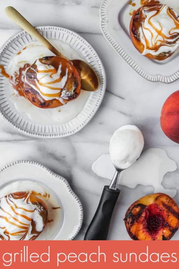 grilled peach sundaes are a simple, summertime sweet treat. grilled peaches topped with vanilla ice cream and salted caramel sauce make an ice cream sundae that's such easy dessert recipe and the perfect dessert for summer!