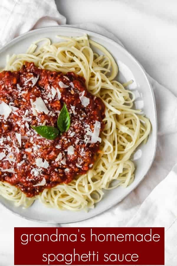 this spaghetti sauce recipe is a family favorite and so versatile for a variety of easy weeknight dinner's. it's my grandmother's pasta sauce recipe and it is such an easy dinner recipe it only involves a few ingredients (mostly pantry staples!) and then a few hours simmering on the stove. this spaghetti sauce is a meat sauce made with ground beef and pork sausage, is cozy and comforting, and delicious on top of pasta, lasagna, spaghetti squash or zoodles!