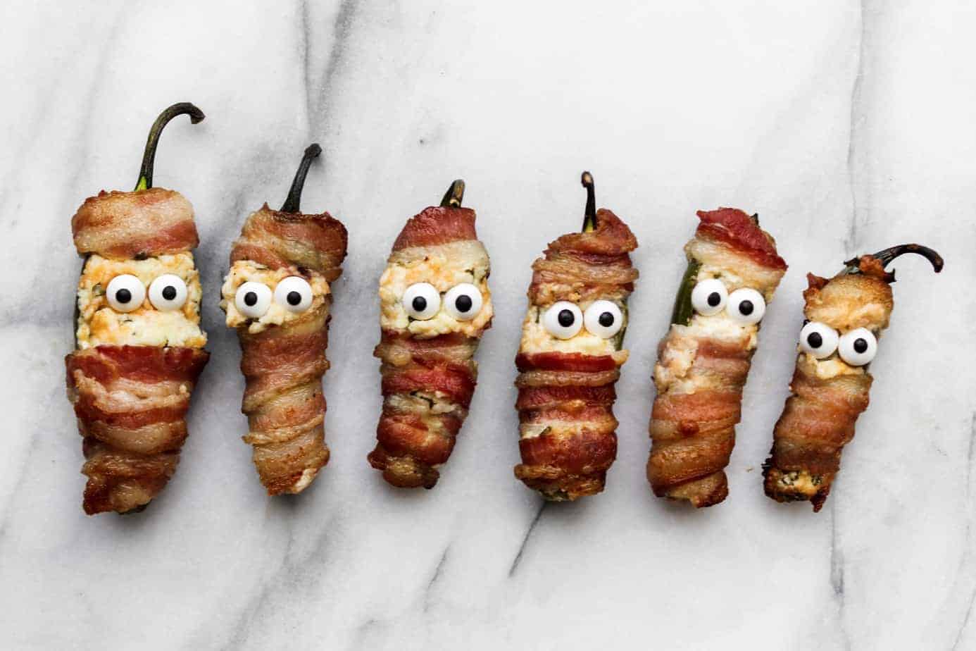bacon wrapped jalapeno popper mummies halloween snack Off the Eaten Path
