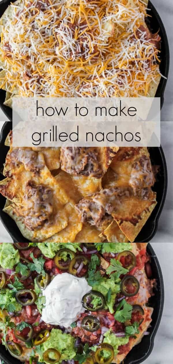 loaded grilled nachos are an easy appetizer sure to be a crowd pleaser! this easy recipe is perfect for football tailgating, game watch parties, game day, or to feed a crowd. layers of tortilla chips and cheese provide a great base to delicious toppings like refried beans, chicken, carnitas, ground beef, salsa, pico de gallo, guacamole, jalapenos and more! load up your cast iron skillet, sheet pan or other grill friendly pan with the ingredients and grill for 5 to 10 minutes to get a everyone's favorite cheesy appetizer: nachos!