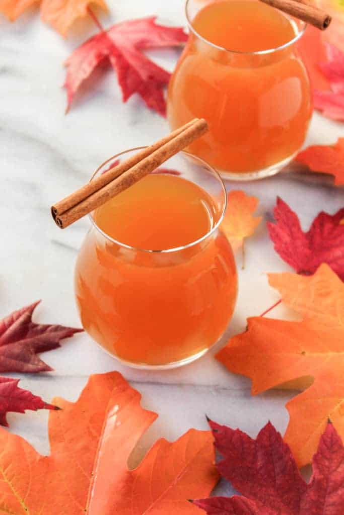 two glasses of spiked apple cider cocktail garnished with cinnamon sticks on top on a marble background surrounded by orange and red leaves