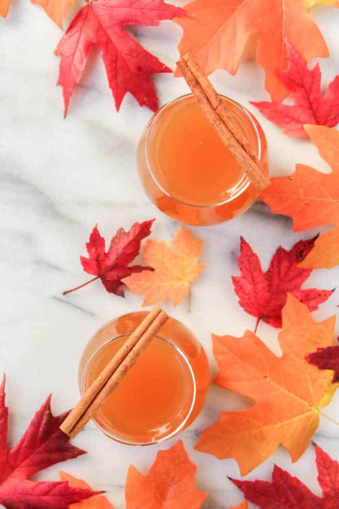 overhead shot of two glasses filled with whiskey and apple cider topped with two cinnamon sticks and surrounded by orange and red fall leaves