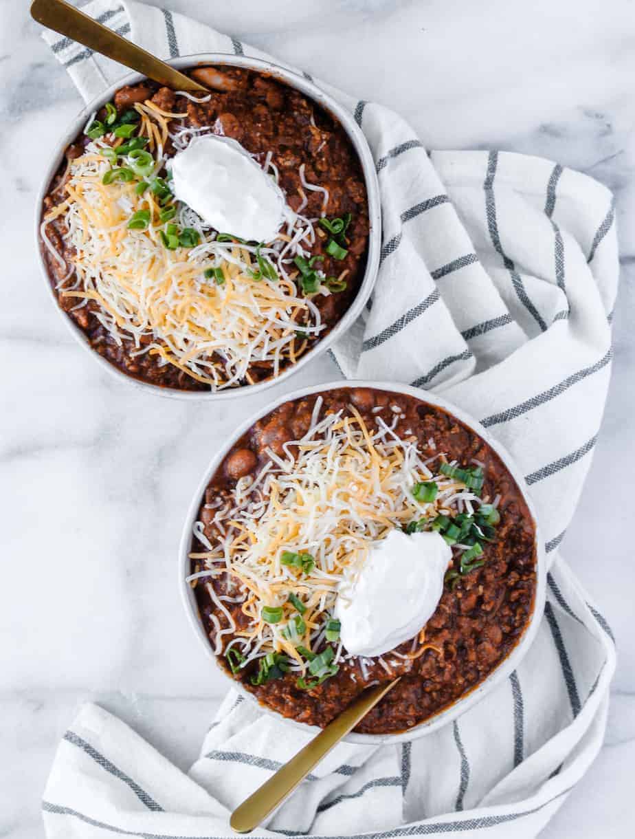 two bowls of mom's award winning chili recipe