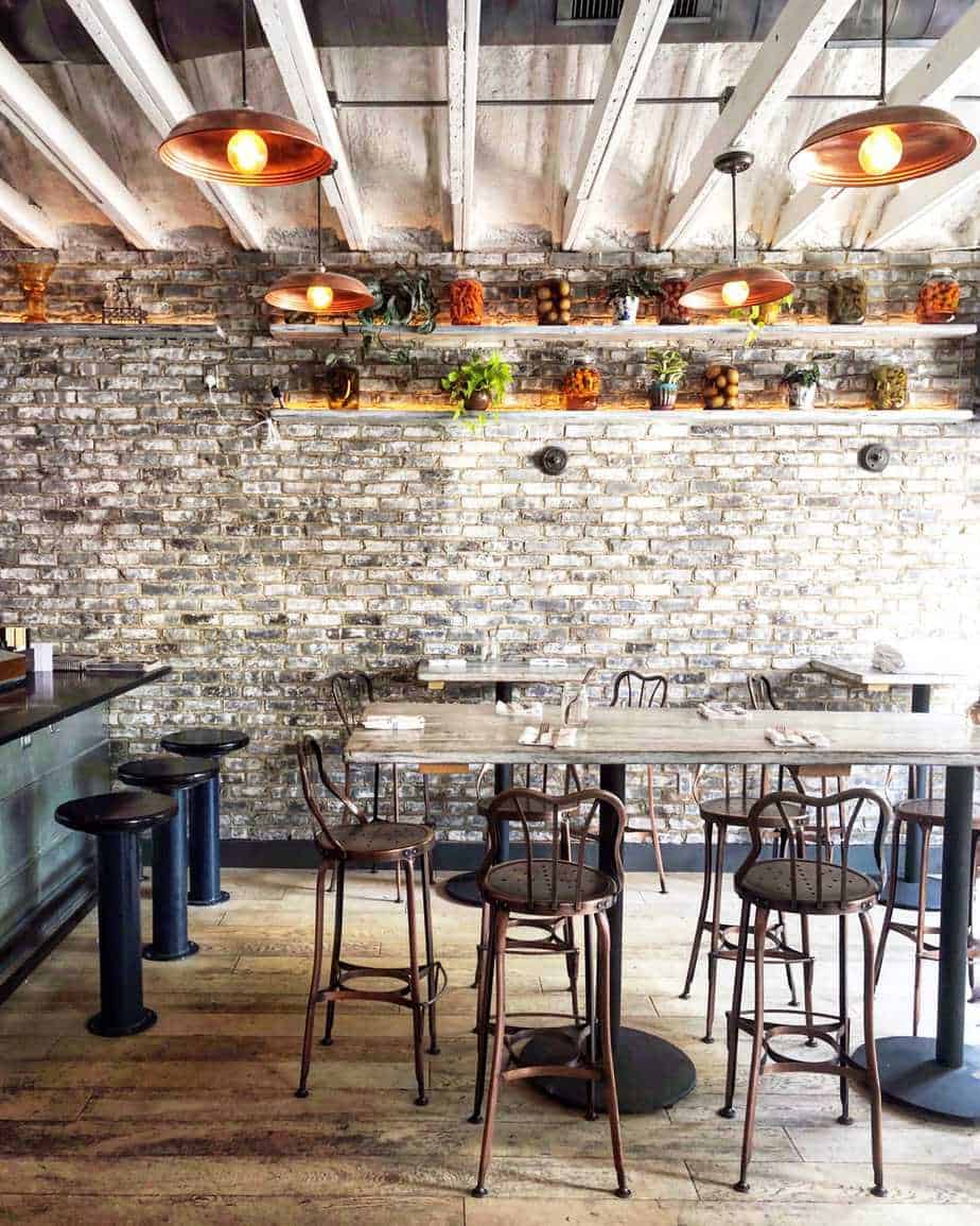 interior of haberdish in noda showing exposed brick and barstools