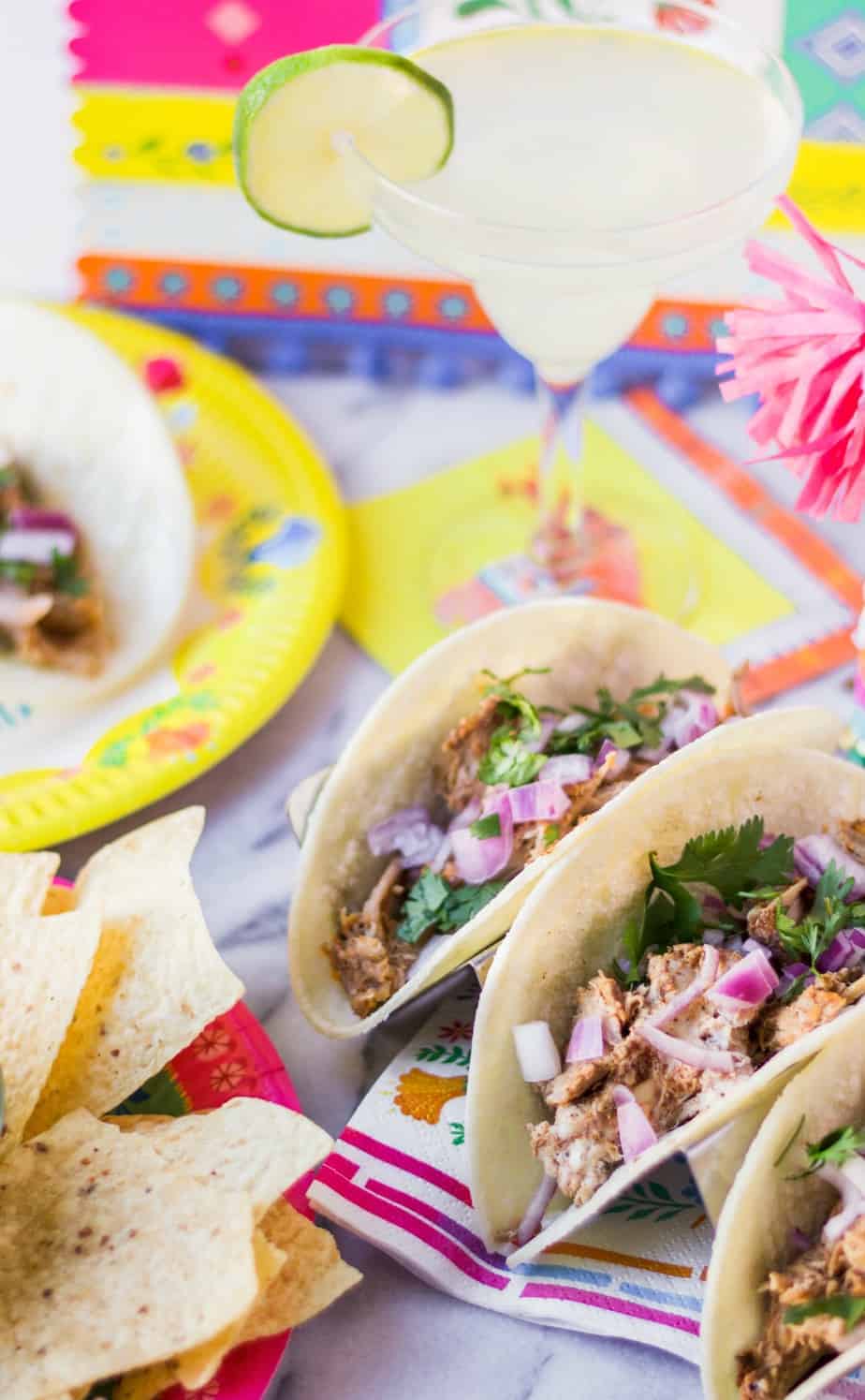 carnitas tacos for a taco bar party on corn tortillas