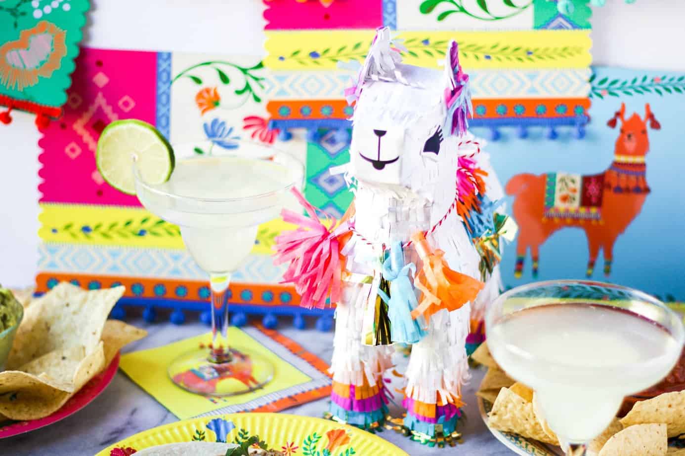 llama pinata and margaritas for a taco bar party