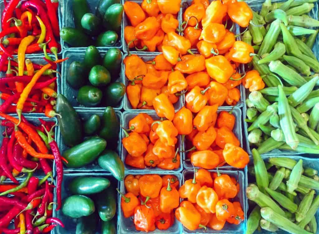 rainbow spicy peppers at the charlotte farmers market