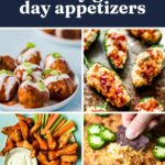 A collage of four football food favorites: sauced meatballs, stuffed jalapeño peppers, buffalo wings with celery and dip, and a cheesy dip with jalapeño slices, with a blue banner reading “40 touchdown-worthy game day appetizers.”.