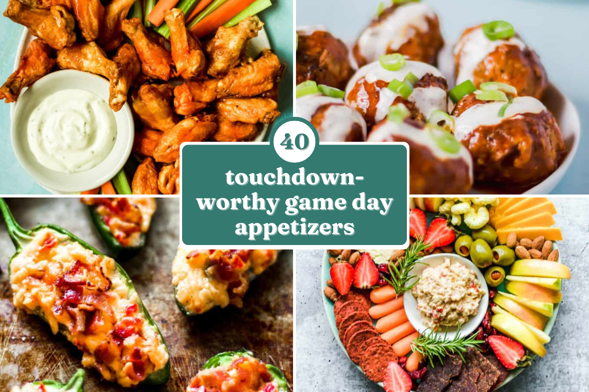 A collage of four football food favorites: chicken wings with ranch dip, saucy meatballs with green onions, stuffed jalapeños, and a charcuterie board with fruit, cheese, meat, and crackers. Text: "40 touchdown-worthy game day appetizers.