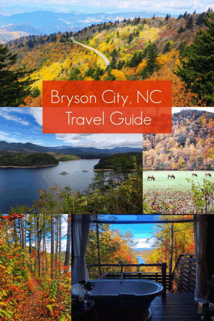 collage of pictures of things to do in bryson city nc with a red box with text that says bryson city nc travel guide