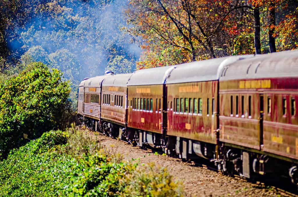 great smoky mountains railroad passenger car traveling through the trees