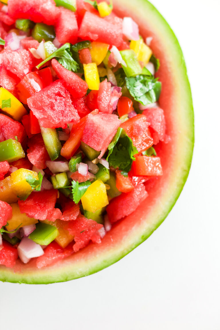 overhead shot of watermelon salsa on a white background