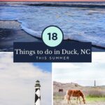 Collage featuring a colorful ocean sunset, a black-and-white lighthouse by the shore, and wild horses grazing on grassy dunes, with text: 18 Things to do in Duck, NC this summer. offtheeatenpathblog.com.