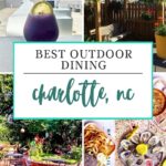 A collage showcasing rooftop city views, colorful drinks, lush patio seating, vibrant outdoor restaurants, fresh seafood, and text reading Charlotte’s Best Patios: Best Outdoor Dining Charlotte, NC above an Off the Eaten Path logo.