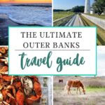 A collage features a beach sunset, a white lighthouse, fresh cooked crabs, and a wild horse grazing, with text: The Ultimate Outer Banks Travel Guide—your essential outer banks travel and Off the Eaten Path adventure guide.