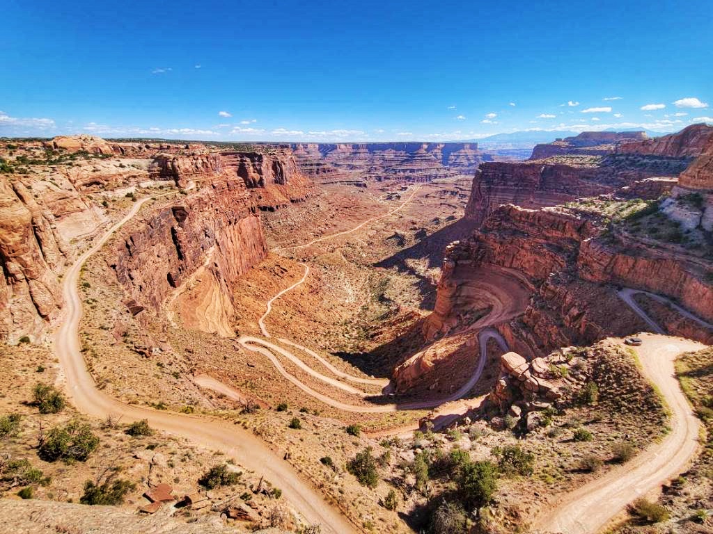 birds eye view of the switchbacks of shafer trail in canyonlands national park