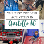 A collage showing toddlers on a playground slide, petting a goat, in front of a fire truck, and playing indoors, with text: The Best Toddler Activities Charlotte NC and Off the Eaten Path. Discover top toddler activities Charlotte NC has to offer!.