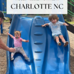 Two young children slide down a blue playground slide side by side, smiling and having fun. An adult’s hand supports one child. Text above reads: The Best Toddler Activities Charlotte NC has to offer.