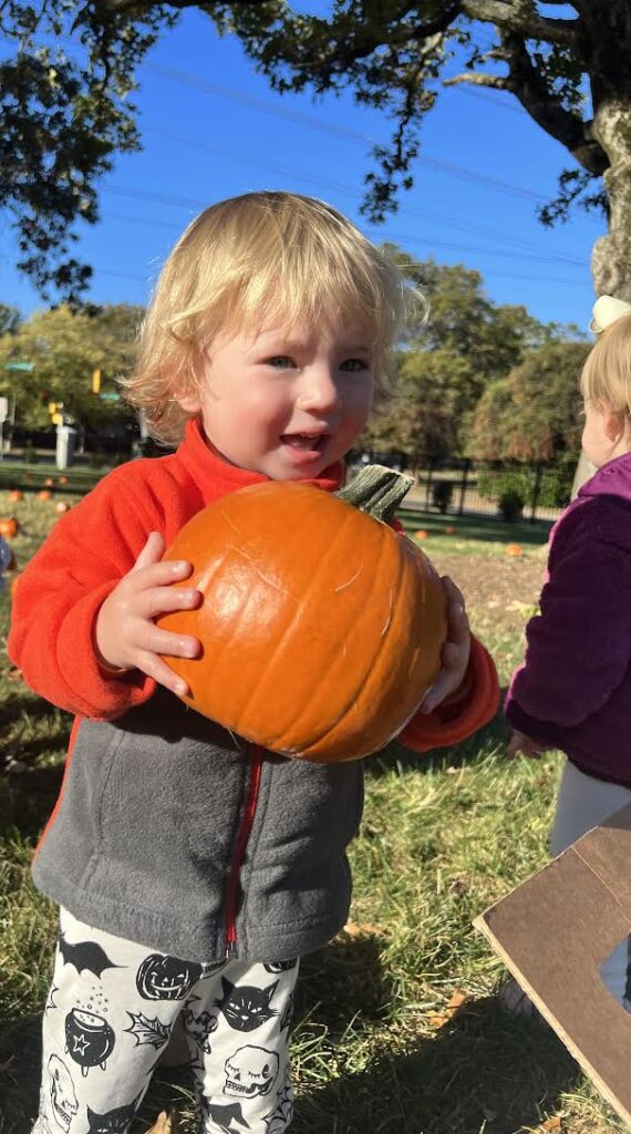 A young child in a red and gray jacket holds a pumpkin while smiling outdoors. Another child stands in the background, and pumpkins are scattered on the grass under a sunny blue sky with trees.