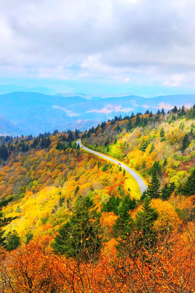 A winding road curves through a vibrant autumn forest on a mountainside, with colorful trees in shades of yellow, orange, and green under a cloudy sky and distant blue mountains.