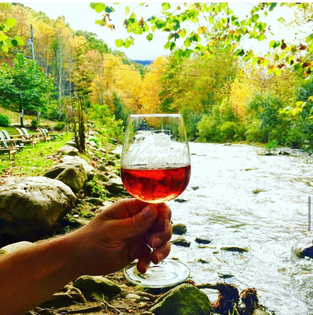 A hand holds a glass of red wine by a flowing river, surrounded by rocks and trees with autumn-colored leaves—the best time to see fall colors in North Carolina—under a bright sky.