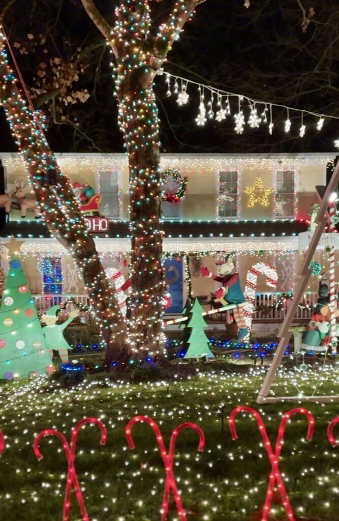 A house and yard are festively decorated with colorful Christmas lights, candy canes, wreaths, stars, inflatable elves, and Christmas trees. Strings of lights cover the trees, porch, and lawn, creating a bright holiday scene.