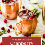 Two copper mugs filled with cranberry mules, garnished with rosemary and cranberries, sit on a white surface surrounded by cranberries, lime wedges, and a cocktail shaker. Text reads: Holiday Cocktail: Cranberry Mule.