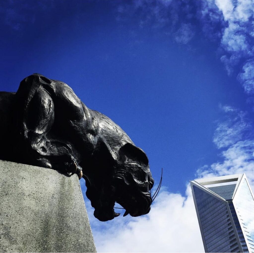 A black panther statue crouches atop a stone pedestal against a bright blue sky, with a modern glass skyscraper soaring in the background—one of the iconic sights among things to do in Charlotte.