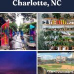 A collage of colorful outdoor art, a cafe with shelves of plants and mugs, a vibrant sunset over the city, and fans at a baseball game. Text reads: The best things to do in Charlotte, NC.