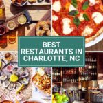 A collage of food and drink: cheese board with drinks, Margherita pizza, oysters with lemon, fries, cocktails at a bar, plus a green sign reading Best Restaurants in Charlotte, NC—your perfect Charlotte restaurants guide.