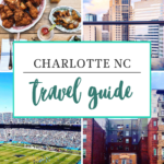 A collage features fried chicken, a city skyline, a football stadium, and brick buildings with text reading Charlotte NC travel guide and Off the Eaten Path at the bottom, highlighting things to do in Charlotte.