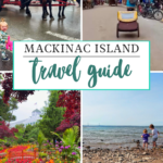 A collage of Mackinac Island scenes: horse-drawn carriages, bicycles on a street, a vibrant garden, and two people standing on a rocky beach. Text reads Mackinac Island Day Trip Travel Guide and Off the Eaten Path.