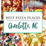 A collage of four different pizzas, featuring pepperoni, veggie, and gourmet toppings, surrounds a sign reading Best Pizza Places Charlotte, NC—highlighting the best pizza in Charlotte. The logo “Off the Eaten Path” appears at the bottom.