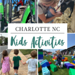 A collage shows kids on a tractor, a woman and child petting a cow, three children holding hands walking, and kids playing with giant blocks. Text reads Charlotte NC Kids Activities—discover fun things to do in Charlotte with kids off the eaten path.