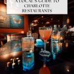 A stylish restaurant table in Charlotte, NC with cocktails and glasses glistening on a reflective surface; cozy, dim lighting and diners in the background. Text overlay highlights a local’s guide to the best restaurants in Charlotte NC.