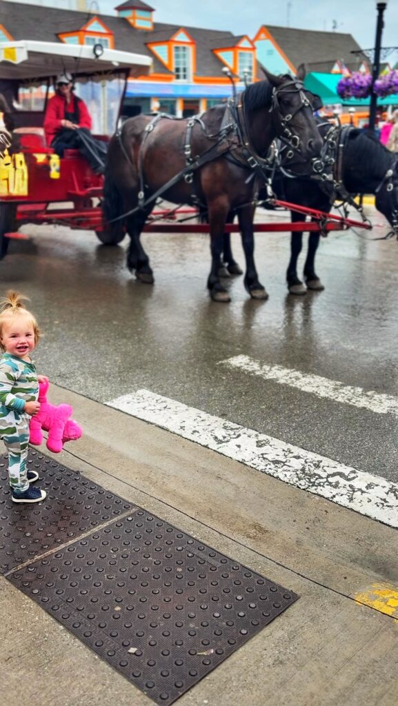 A smiling toddler in striped pajamas holds a pink teddy bear, standing on a sidewalk near a crosswalk. Behind them, two black horses pull a red carriage down a wet street in a town.