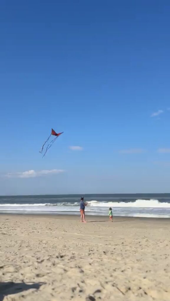 An adult and a child fly a red kite on a sandy beach with waves in the background under a clear blue sky.