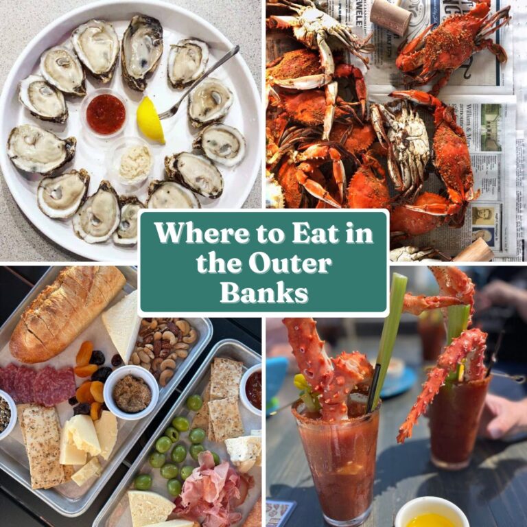 A collage featuring oysters on ice with lemon and sauce, steamed crabs on newspaper, a charcuterie board with cheese and fruit, and two drinks with crab legs. Text in the center reads “Where to Eat in Outer Banks restaurants.”.